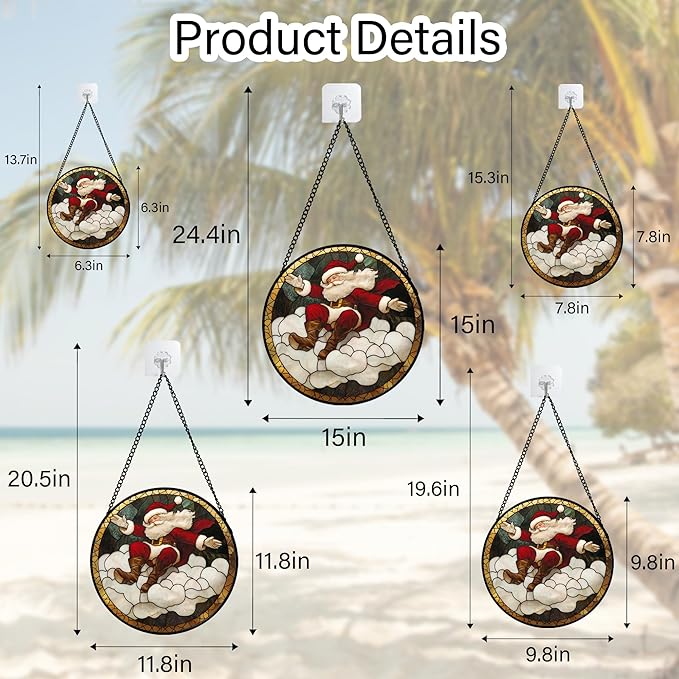Stained Glass Window Hanging - Red White Santa Claus Clouds Suncatcher for Doors Home Christmas Decoration Sun Catcher Thanksgiving New Year Birthday Gifts for Friend Women Men Mom Nana 15 in