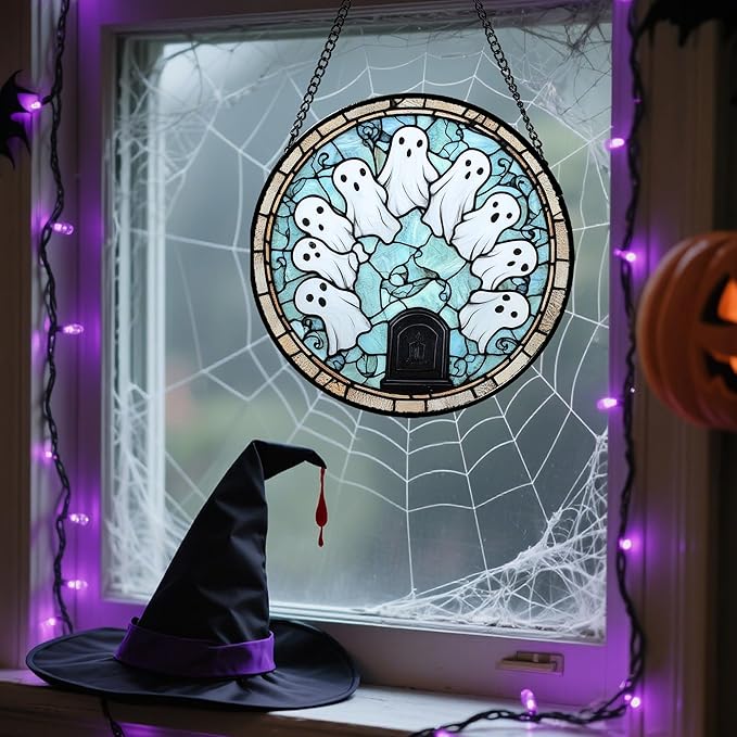 Stained Glass Window Hanging - Halloween Decorations Ghosts Tombstones Suncatcher for Doors Garden Indoor Spooky Funny Sun Catchers Gothic Decor Horror Gifts for Women Men Friend 6.3 in