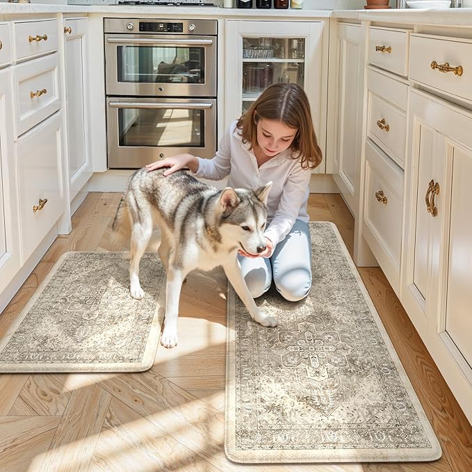 KIMODE Anti Fatigue Kitchen Mats 2 PCS 17"x47"+17"x29.5", Boho Kitchen Rugs and Mats, Non Slip Cushioned Kitchen Mats for Floor, Waterproof Kitchen Floor Mats for Laundry, Office, Sink, Khaki