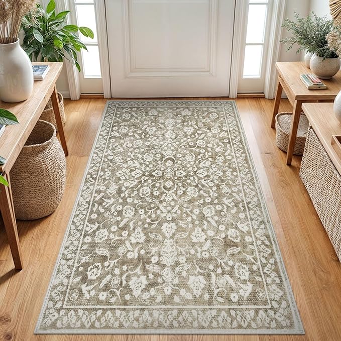 Vintage 3x5 Washable Rug for Entryway, Super Soft Beige Taupe Entryway Rug Non-Slip, Printed Faux Wool Floral Neutral 3x5 Area Rug Thin Floor Carpet for Kitchen, Bedroom, Office, Living Room