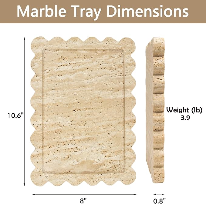 Genuine Travertine Scalloped Marble Tray, Real Natural Marble Stone Trays, Luxury Decorative Trays for Bathroom, Dresser, Vanity, Kitchen, Home Decor, 10.6" x 8", Travertine Beige