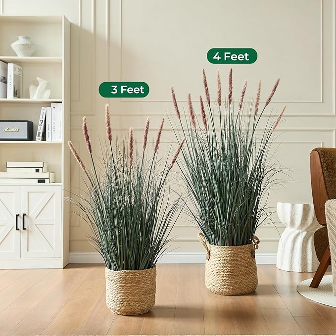 3ft Onion Grass, Artificial Plant and Greenery, Fake Floor Plants Indoor Outdoor, Faux Horsetail Reed Grass with 7 Pink Flower Crowns, Potted, House Decorative