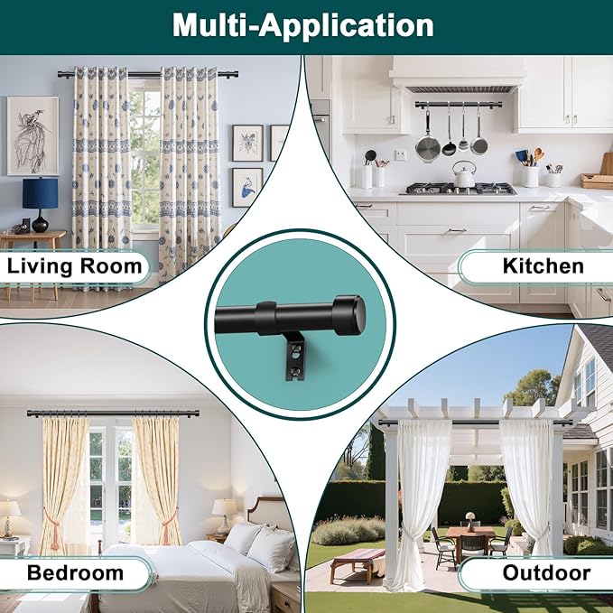 Black Curtain Rods 72-144 Inch, 1" Heavy Duty Extra Long Adjustable Wall Mount Drapery Rod, Telescoping Sectional Design for Large Windows, Outdoor Patio, Modern End Cap Finials