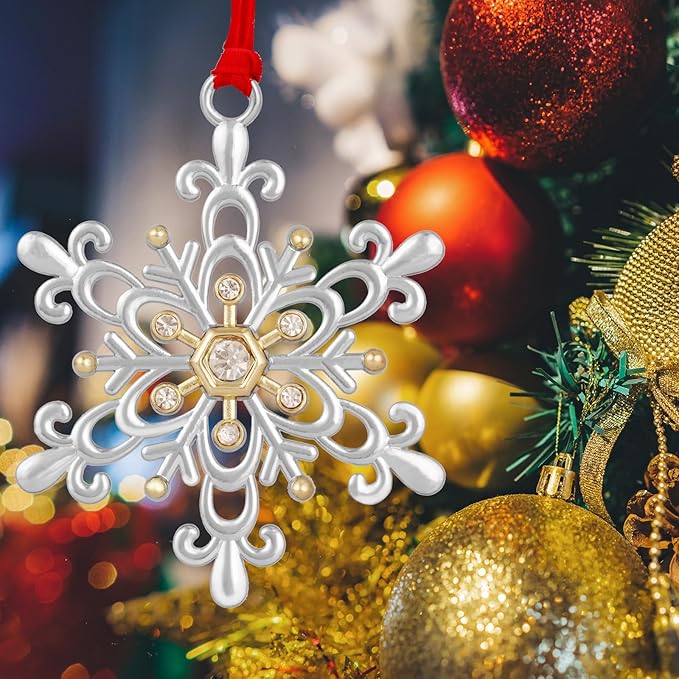 Snowflake Christmas Ornament Set - Silver & Gold Plated Metal Snowflake Ornaments for Christmas Tree - Annual Holiday Keepsake (Style A)