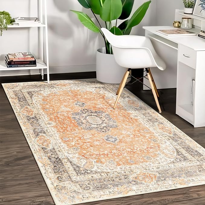 Boho Rug 3x5,Washable Area Rugs for Bedroom Living Room Kitchen Entryway,Small Vintage Bohemian Farmhouse Distressed Non Slip Carpet,Retro Orange Grey Floral