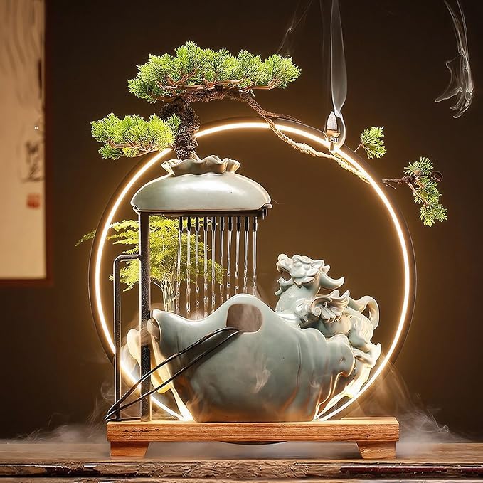 Waterfall Fountain Indoor with Mist, Tabletop Water Fountain,Desk Chinese Ceramic Pixiu Statue with LED Light Ring and Backflow Incense Burner Holder