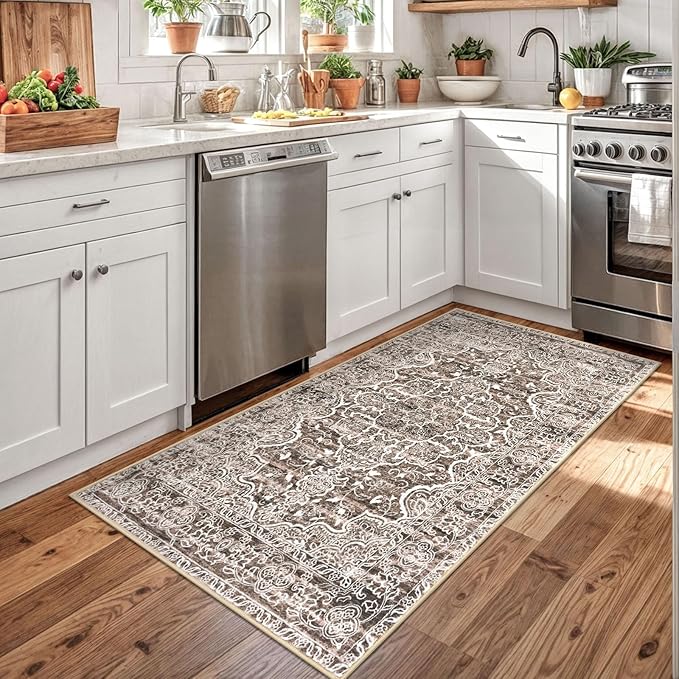 KUTA Vintage Floral Rug 3x5 Area Rugs for Living Room Brown Washable Kitchen Carpet Non-Slip, Ultra Soft Printed Distressed Tribal Entry Low-Pile Throw for Entrance Bedroom Home Décor
