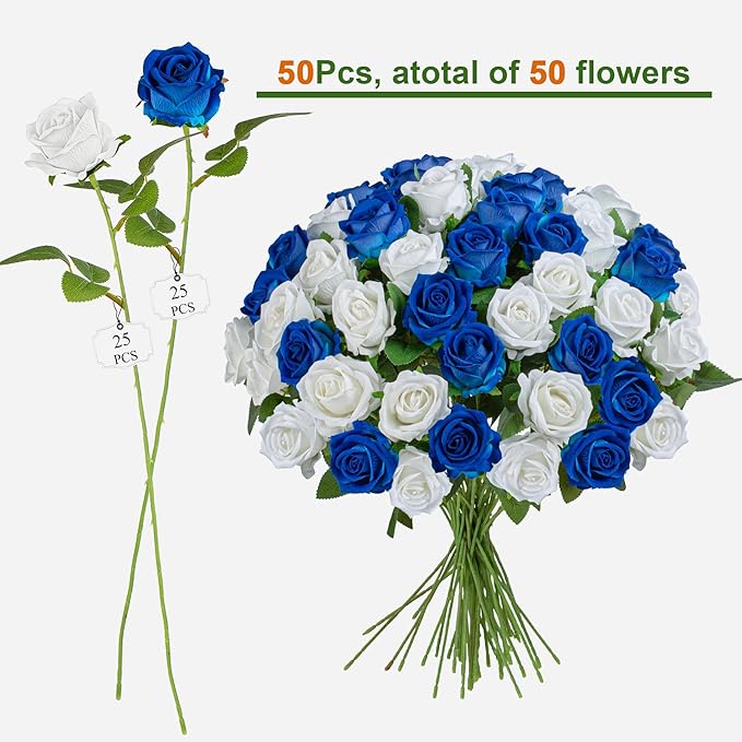 Artificial Flowers Roses Touch Fake Rose Bouquet Flower Stem For Wedding Centerpieces Diy Wreath Home Decorations Silk Roses Mothers Party Fake Outdoor Flowers Decor 19.6"(White & Blue 50PCS)