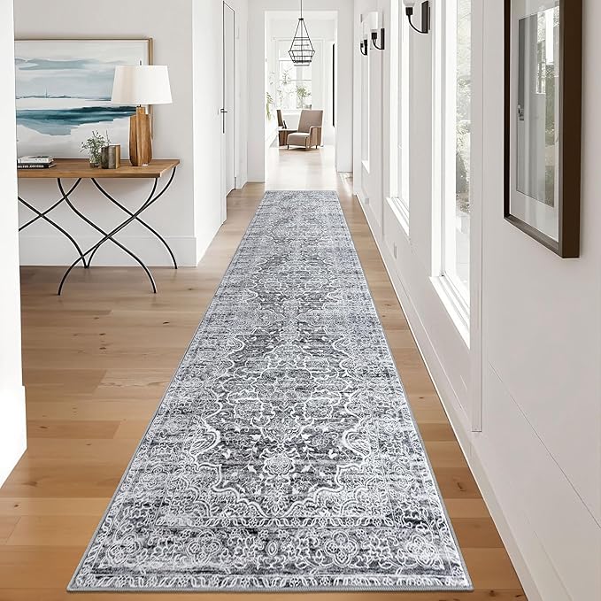 KUTA Vintage Washable Runner Rug 2.6x12, Non-Slip Hallway Kitchen Runners Grey Blue White with Rubber Backing, Soft Printed Modern Medallion Extra Long 12ft Carpet Rugs Indoor for Bedroom