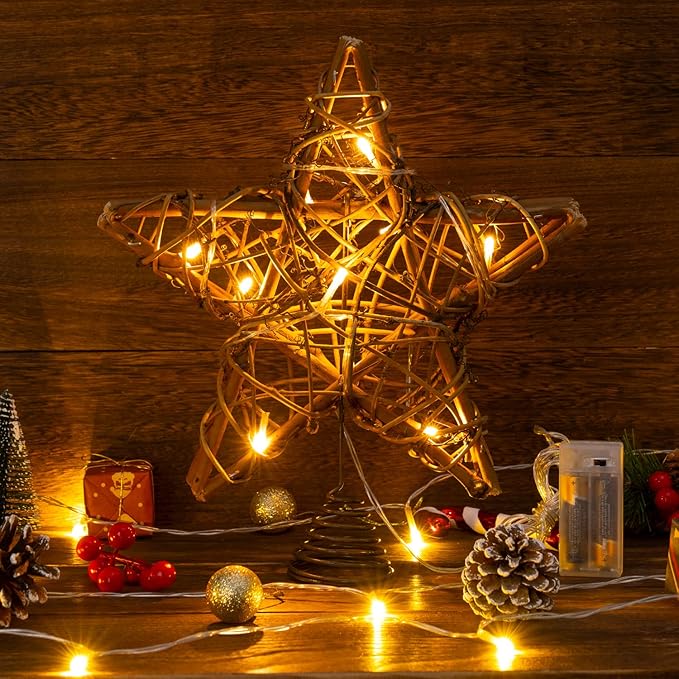 Christmas Tree Topper, Rustic Rattan Star Treetop Christmas Tree Decorations with 10 Light, Star Tree Toppers for Indoor Holiday Party Xmas Decorations