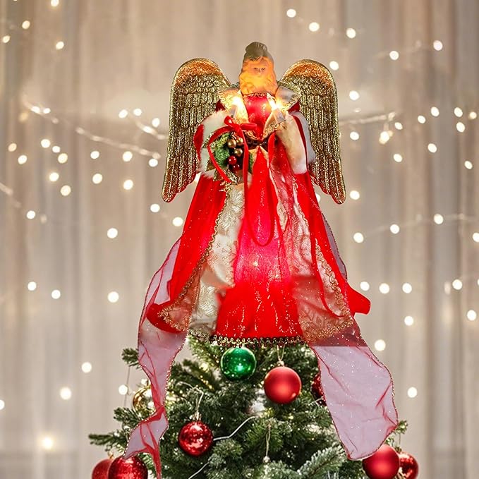 Vigdur Christmas Tree Topper Lights - 13Inch Angel Christmas Tree Topper Plug in with LEDs Golden Wings, Angel Christmas Decorations for Home Holiday Party Wedding Christmas Decor