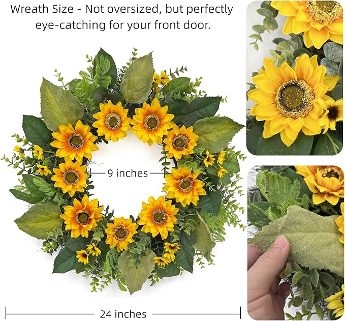 24 Inch Sunflower Wreath for Front Door – Artificial Spring Summer Wreath with Greenery, Ferns & Boxwood Leaves – Bright Yellow Floral Farmhouse Door Decor for Home Porch Wall Indoor Outdoor
