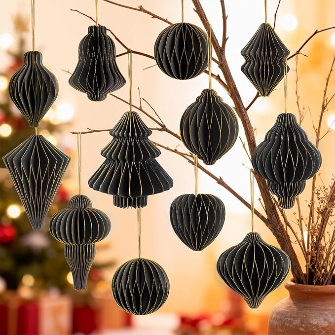 12Pcs Black Paper Christmas Party Decorations, 3D Honeycomb Paper Hanging Ornaments with Glitter, Finial Honeycomb Lantern Mysterious and Unique Ornaments for Christmas Tree Halloween Wonderland Party