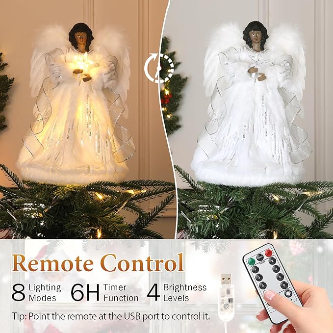 HMASYO Black Christmas Tree Topper Angel with Timer Lights, 12" African American Angel Tree Toppers with White Feather Wings, Star Light, Remote Control and USB Power Xmas Treetop Decor for Holiday