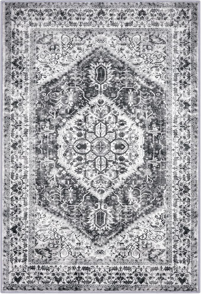 KOZYFLY Area Rug 4x6 Ft Washable Rugs for Entryway Non Slip Kitchen Mats for Floor Rugs for Living Room Printed Faux Wool Vintage Throw Rug for Entrance Bedroom Kitchen Living Room, Grey