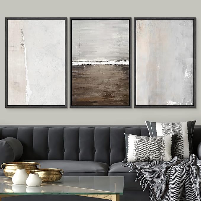 SIGNWIN Framed Canvas Print Wall Art Set Gray Grunge Watercolor Landscapes Shapes Abstract Illustrations Modern Art Decorative Nordic Chic Calm/Zen for Living Room, Bedroom, Office - 24"x36"x3 Black