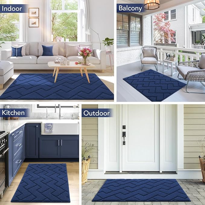 hicorfe Dirt Trapper Indoor Doormat,20"x59" Welcome Door mat,Non Slip Backing Washable Door Mats,Absorbent and Resistant Low-Profile Entrance Inside Floor Mat for Front Back Door,Entryway (Navy Blue)