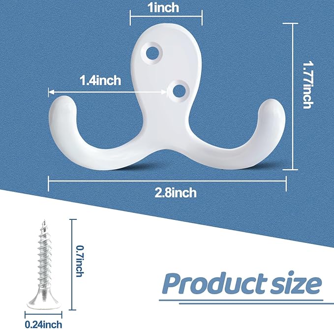 10 Pack Coat Hooks Wall Hooks for Hanging, Heavy Duty Double Prong Metal Hook Wall Mounted for Living Room, Bathroom, Kitchen, Bedroom for Coat, Bag, Scarf, Towel, Hat, Key, Cup (White)