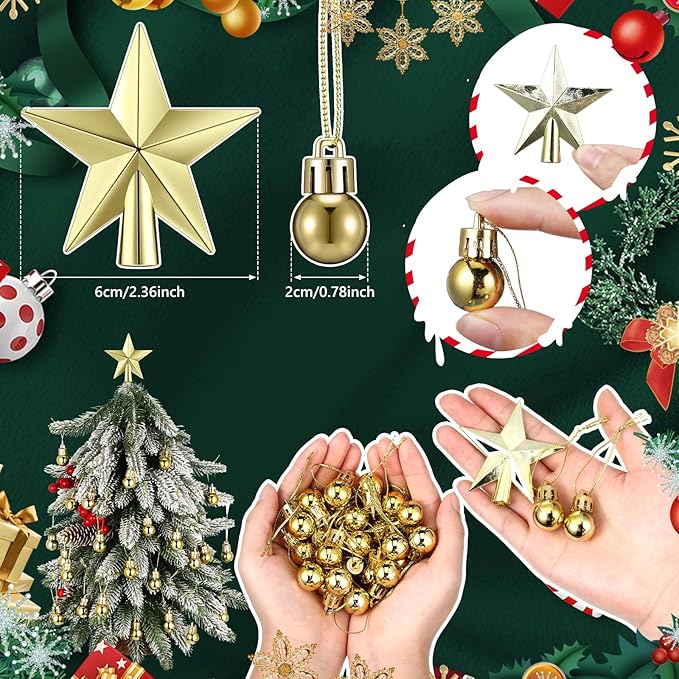 25 Pcs Christmas Balls Ornaments Set Mini Tree Decoration 0. 79 Inch Christmas Ball Tree Topper Star Hanging Ornaments for Party Decoration(Gold)
