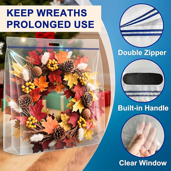 Extra Large Wreath Storage Bag, 28"x28"x7", Clear Storage Bag with Handle, Summer Christmas Decoration Garland Container for Seasonal Thanksgiving Holiday Artificial Wreath, 4 Pack