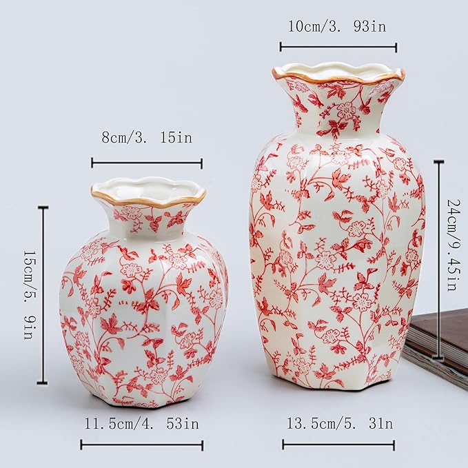 Red and White Ceramic vase, Chinoiserie Botanical vase with Wavy Gold Rim, Modern Mantel Decor, Chinese Style, Art Pottery (Small, Hongmanzhi)