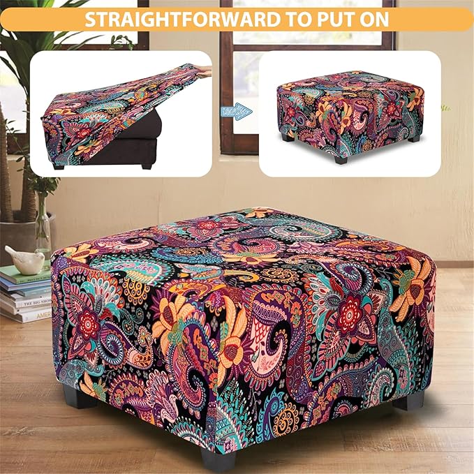 Large Ottoman Cover Square Slipcovers Printed,Stretch Footrest Stool Cover for Ottoman Square,Soft Foot Stool Cover Protector with Nonslip Elastic Bottom (Large,Purple)