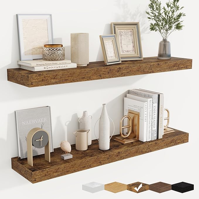fuqing Floating Shelves for Wall, Wall Mounted Wood Floating Shelf with Invisible Brackets for Living Room, Bathroom, Bedroom, Kitchen Storage and Decor, 36 Inch Set of 2, Rustic Brown