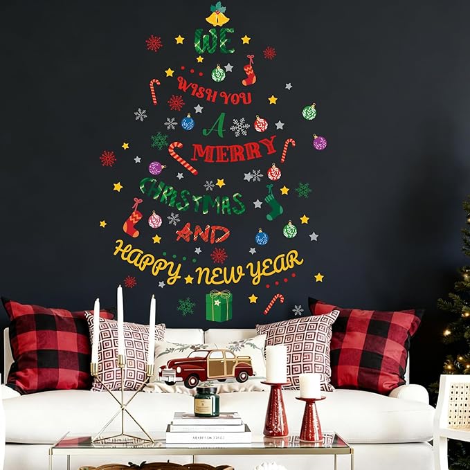 Christmas Tree Wall Stickers,Xmas Tree Wall Decals,Merry Christmas Window Clings, Snowman Wallpaper Snowflake for Party Class Home Living Room Bedroom