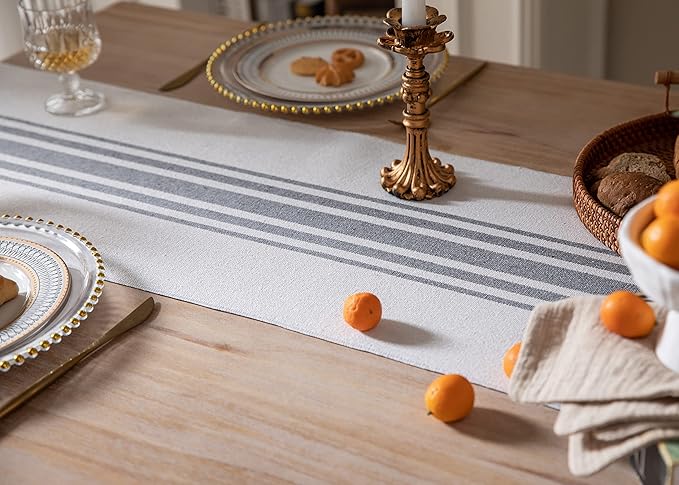 Boho Table Runner for Modern Farmhouse Decor, Dining Table décor 13 x 60 Inch Long with Handcrafted Tassels, Black and Beige Stripe Table Runner for Home Boho décor
