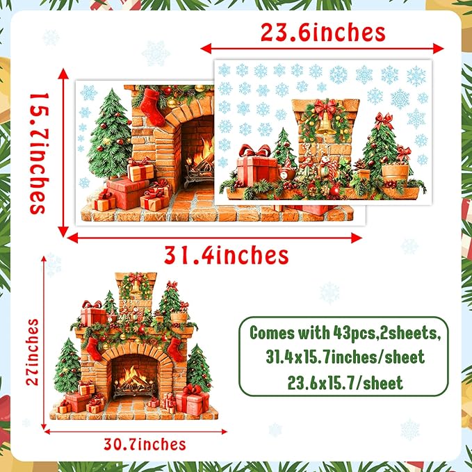 Large Fireplace Wall Stickers Removable Christmas Wall Decals Peel and Stick Fireplace Mural Sticker Winter Tree Snowflake Holiday Decorations for Walls Xmas Fire Flame Decal Party Decor