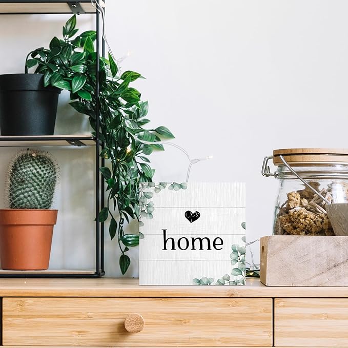 Home Sign, Home Signs for House Decor, Welcome Sign, Rustic Farmhouse Desk Decor Wood Block Box Plaque for Living Room Wall Shelf, Housewarming Gifts (Green)