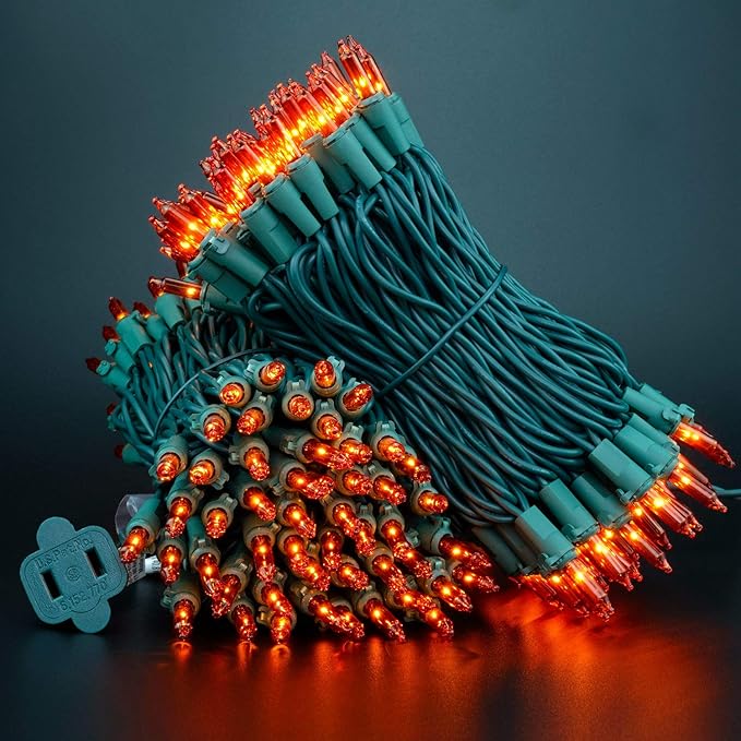 YULETIME 200 Orange Christmas Lights, Pack of 2 Sets 33 Feet 100 Count UL Certified Incandescent String Lights (Orange - Green Wire)