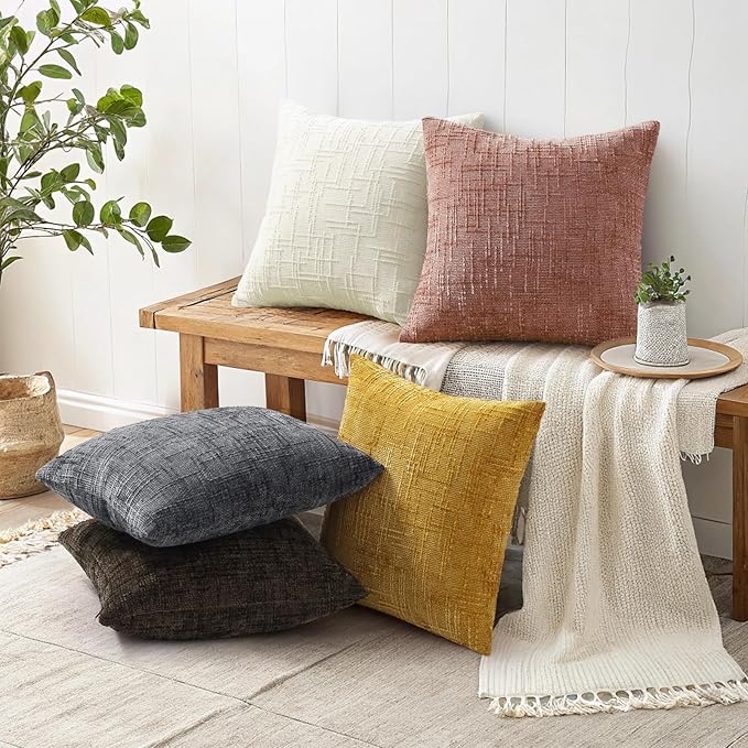 decorUhome Pink Chenille Throw Pillow Covers 16x16 Set of 2 Thick Textured Slubby Couch Pillow Covers Farmhouse Accent Modern Neutral Decorative Pillow Cases for Bed Sofa Living Room