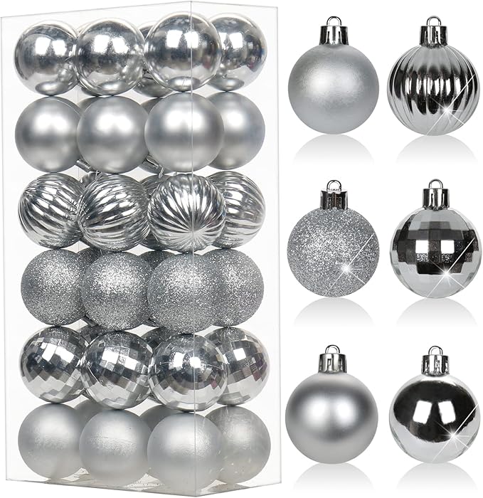 Hollyone 1.57" Silver Christmas Ornaments - 36 Pcs Mini Shatterproof Balls - Christmas Tree Decorations - Small Xmas Ornaments with Hanging Loop - Wedding, Party, Home Decor