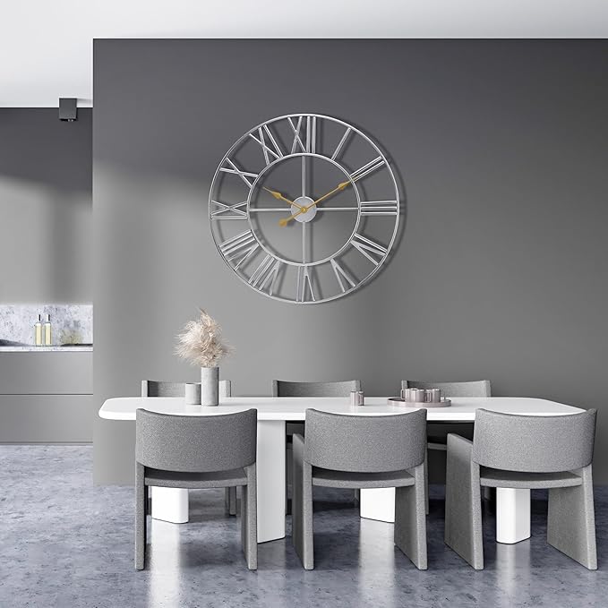 Sorbus Large Wall Clock for Living Room Decor – Easy to Hang 24-Inch Big Wall Clock – Metal Wall Art for Kitchen, Bedroom, Home, Office – Analog Decorative Wall Clock (Silver)