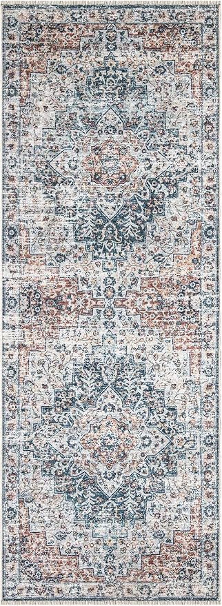 Bloom Rugs Caria Washable Non-Slip 10 ft Runner - Terracotta/Teal Traditional Runner for Entryway, Hallway, Bathroom, and Kitchen - Exact Size: 2'6" x 10'