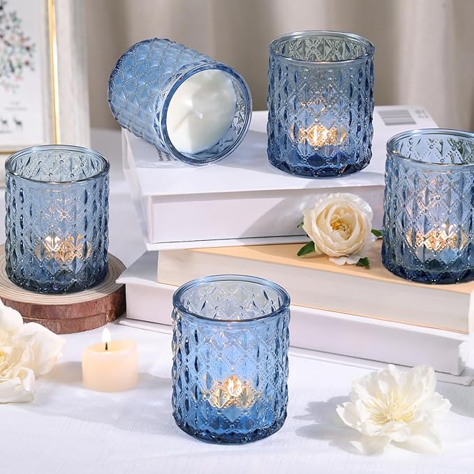 8Pcs Large Votive Candle Holders Blue Tea Light Candle Holders Glass Candle Holder for Wedding, Bridal Shower, Table Centerpiece, Party, Home Decor