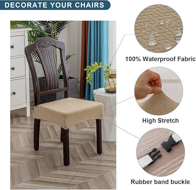 Genina Waterproof Seat Covers for Dining Room Chair Covers Set of 8, Stretch Jacquard Kitchen Parson Chair Slipcover Protector