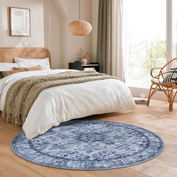 6' Round Washable Rug for Entryway, Blue Soft Printed Area Rug, Non-Slip Kitchen Rugs, Low-Pile Medallion Indoor Door Mat, Small Farmhouse Carpet for Entrance Kitchen Foyer Bedside