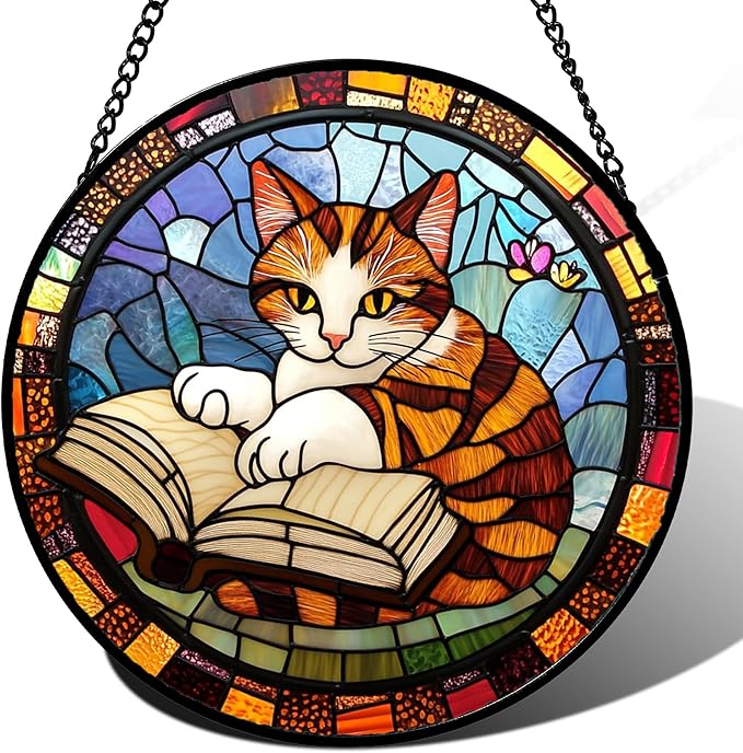 Stained Glass Window Hanging Little Cat Reading 6.3" - Suncatcher Door Garden Kitchen Sunroom Sun Catcher Home Decor Birthday for Lost Pets Mom Grandma Men Woman Friend