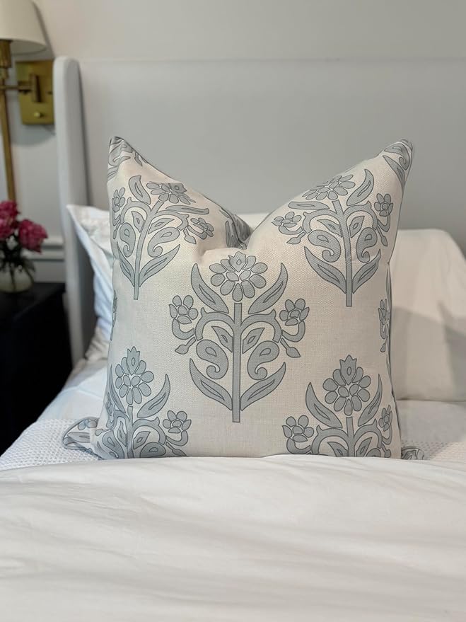 “The Naples” Floral Block Print Pillow Cover – Soft Grey and Off-White Decorative Throw Pillow Cover – Grandmillennial Home Decor, 24" x 24"