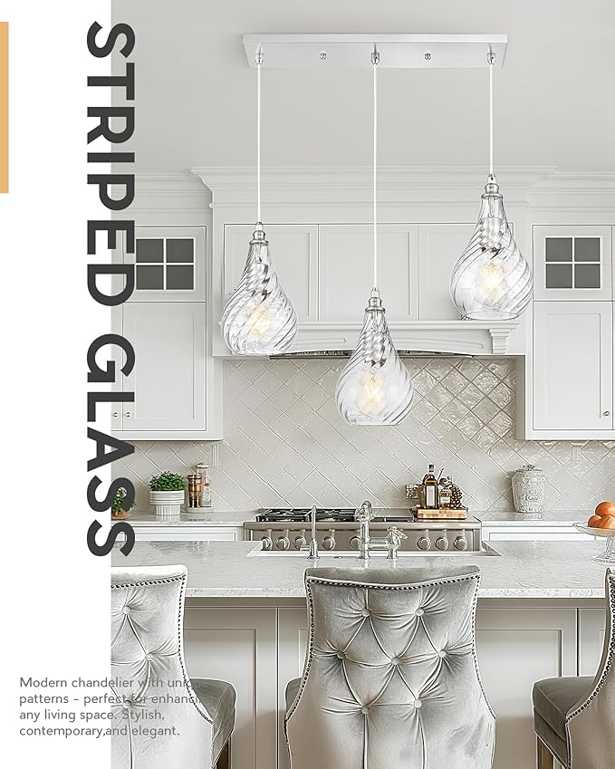TENGXIN 3-Light Pendant Lights for Kitchen Islands - 6 Inch Brushed Nickel with Striped Glass. Farmhouse Style, Ideal for Dining Rooms and Bedrooms, Model TXPLBN12-3.