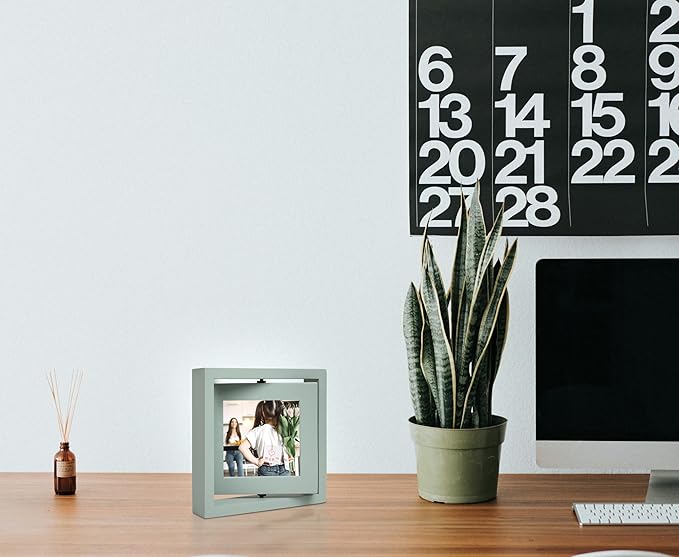 4x4 Double-Sided Rotating Floating Square Picture Frames (2 Pack, Teal Blue), Solid Pine Wood with Real Glass for Horizontal Vertical Standing Display Desk Tabletop Photo Frames