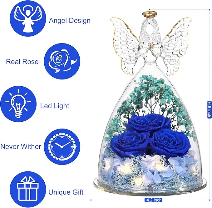 Christmas Rose Gifts for Women Preserved Real Flower in Glass Angel Figurines Roses for Delivery Prime Birthday Gifts for Mom Grandma Girlfriend Wife Her, Dark Blue