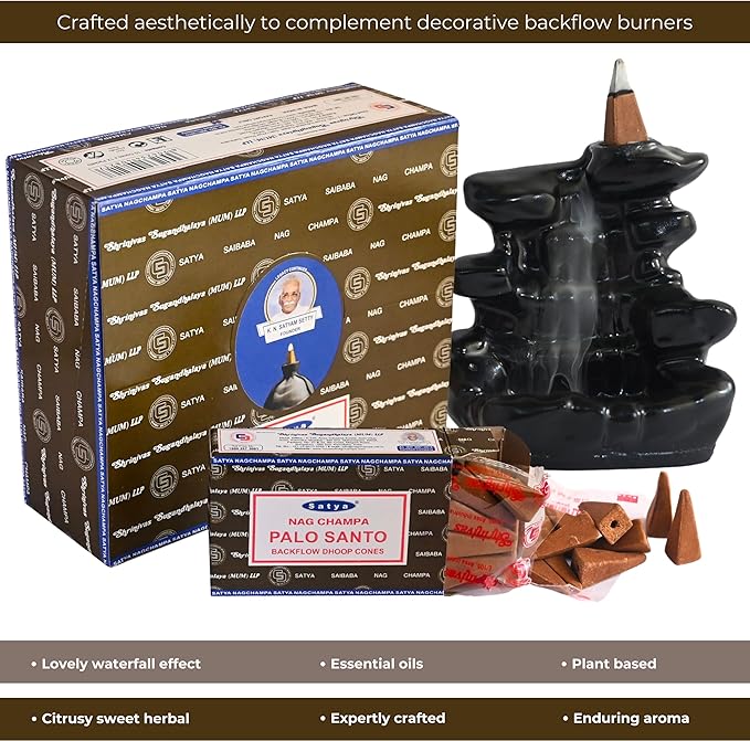 Palo Santo Backflow Incense Cones for Waterfall Aromatic Smoke Fountain Haze Falls and Mat Bundle - Pack of 12