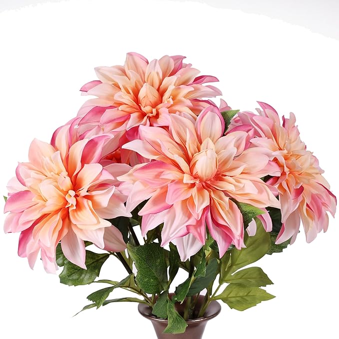 Artificial Peach Dahlia 6 Large Heads with Stem Faux Fake Silk Flower Decor for Vase Bouquet Home Living Room Indoor Outdoor Wedding Spring Summer All Seasons DIY Decoration Arrangement