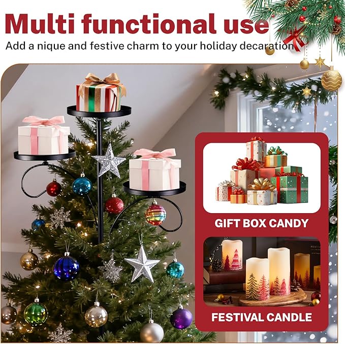 Black Triple Tree Topper Candelabra - Christmas Tree Shelf, 3 Tier Candle Holder Shelf, Unique Candelabra Trees Topper for Christmas, Holiday, Indoor & Outdoor Decor (23.6 inch)