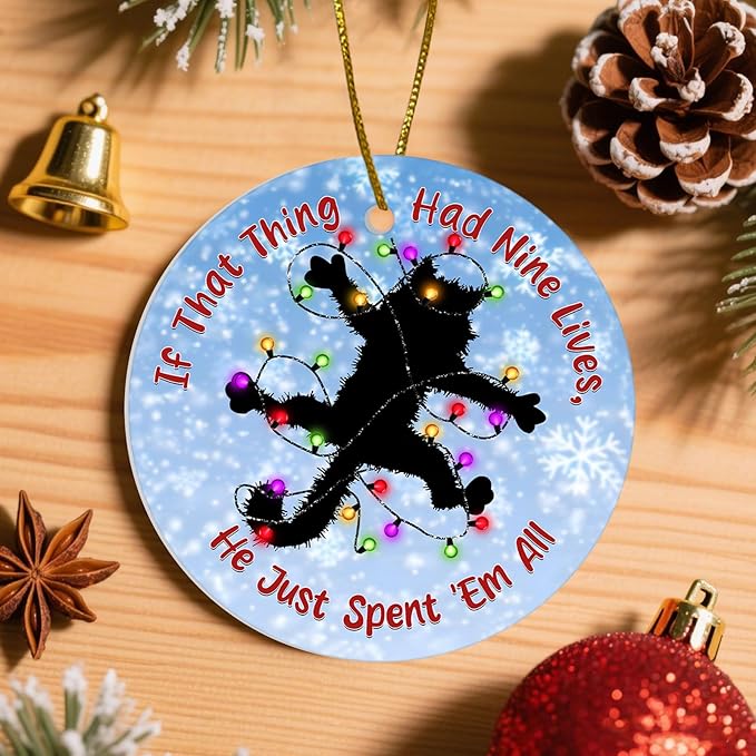Fried Cat Rug Christmas Ornament – Vacation Movie Themed Xmas Decor, Funny Black Cat Tangled in Lights Lover Gifts, Holiday Tree Keepsake 2025