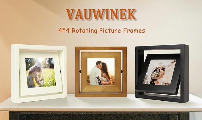 4x4 Double-Sided Rotating Floating Square Picture Frames (2 Pack, Brown), Solid Pine Wood with Real Glass for Horizontal Vertical Standing Display Desk Tabletop Photo Frames