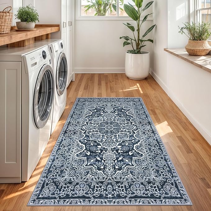 KUTA 3x5 Rugs for Entryway Non-Slip Washable Area Rug, Vintage Floral Kitchen Rugs Navy Blue, Ultra Soft Printed Medallion Tribal Entry Low-Pile Carpet for Entrance Bedroom Nursery Dorm Décor